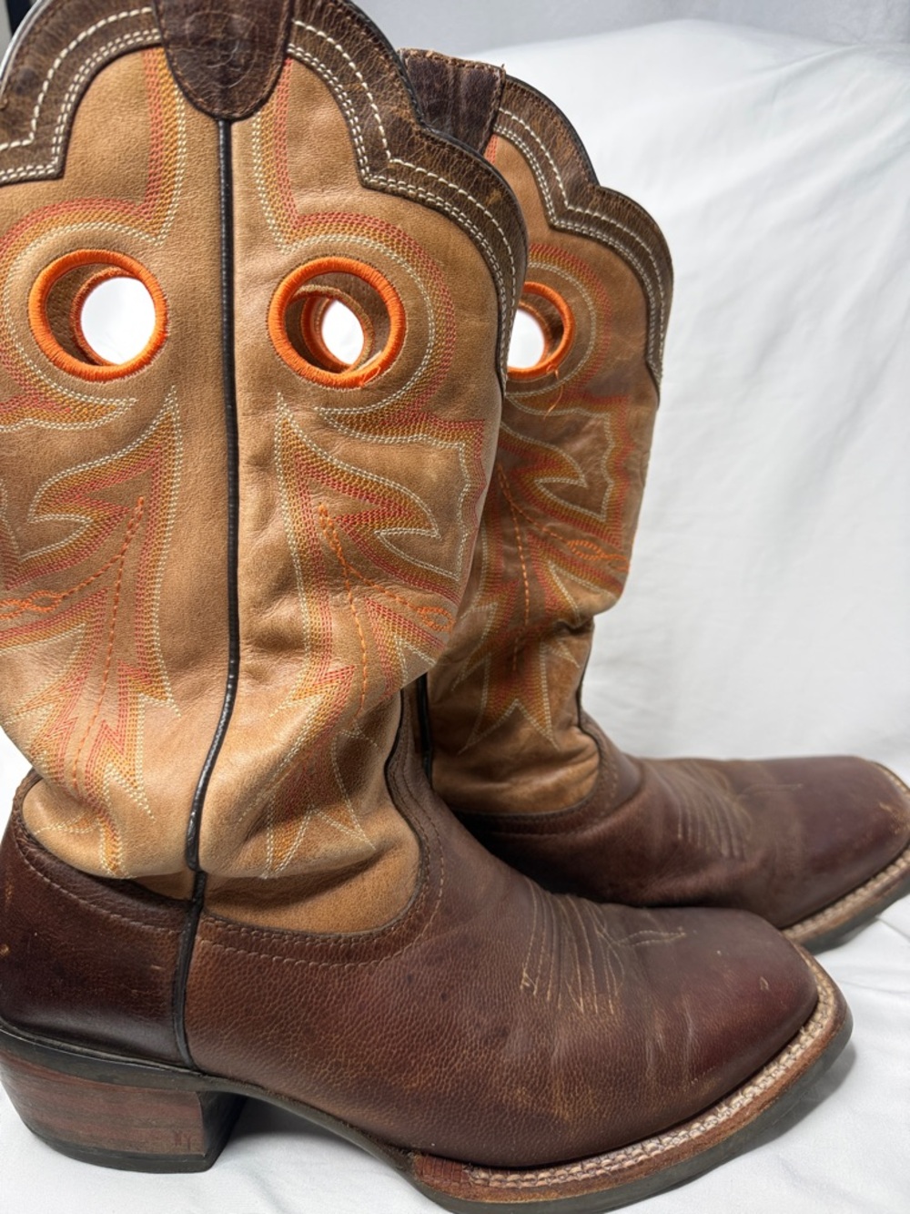 Ariat Brown and Tan Western Cowboy Boots with Orange Stitching - Picture 3 of 5